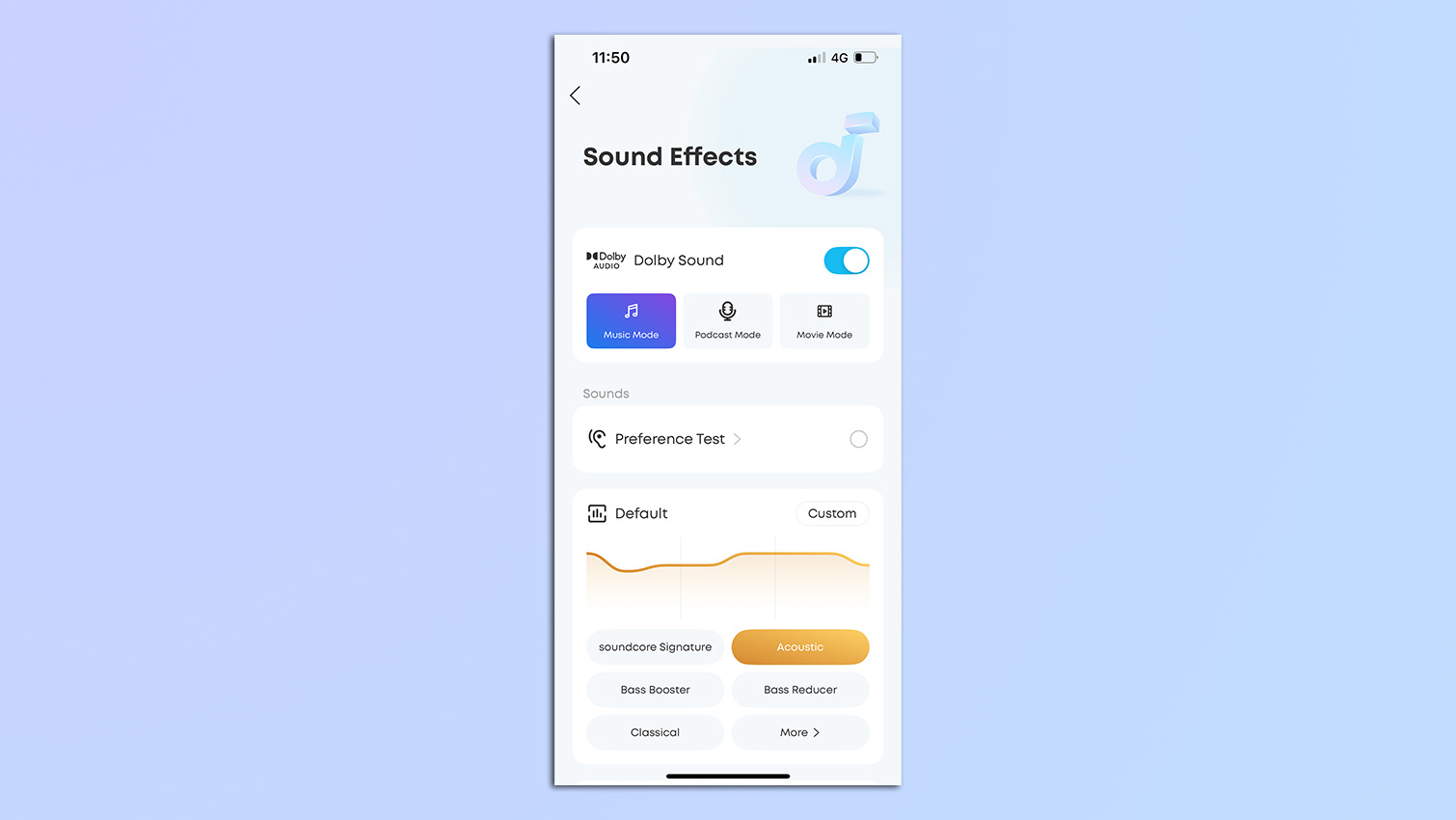 Screenshot from the Soundcore companion app showing Acoustic EQ presets with Dolby Audio options.