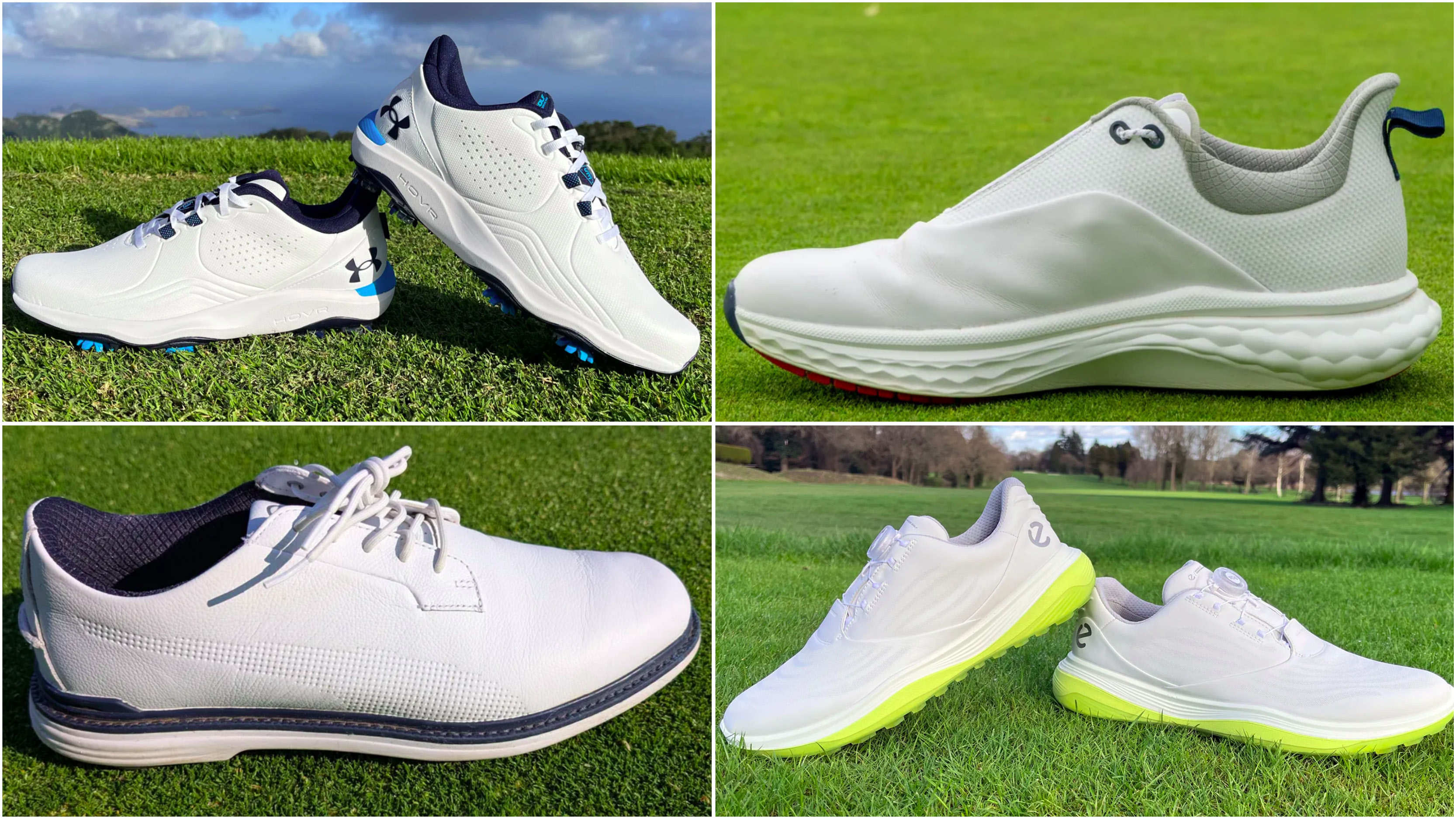 Four different golf shoes in a grid system
