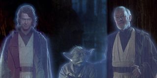 Hayden Christensen as Anakin Skywalker, Yoda and Alec Guinness as Obi-Wan "Ben" Kenobi in Star Wars: Return of the Jedi (1983)