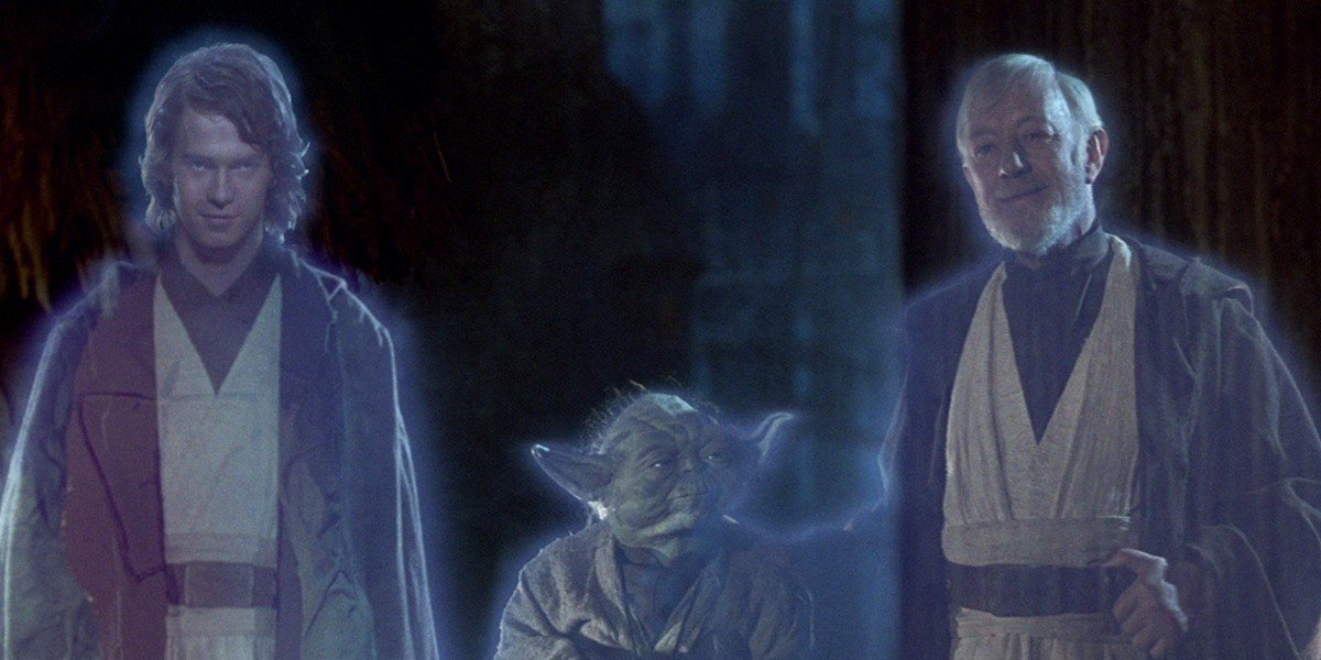 Hayden Christensen as Anakin Skywalker, Yoda and Alec Guinness as Obi-Wan &quot;Ben&quot; Kenobi in Star Wars: Return of the Jedi (1983)