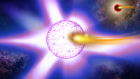 An illustration of a white dwarf transforming into a neutron star as it feeds on a distant companion star