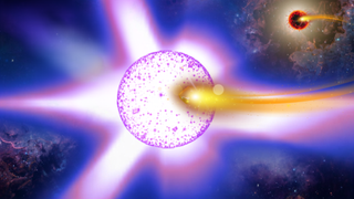 An illustration of a white dwarf transforming into a neutron star as it feeds on a distant companion star