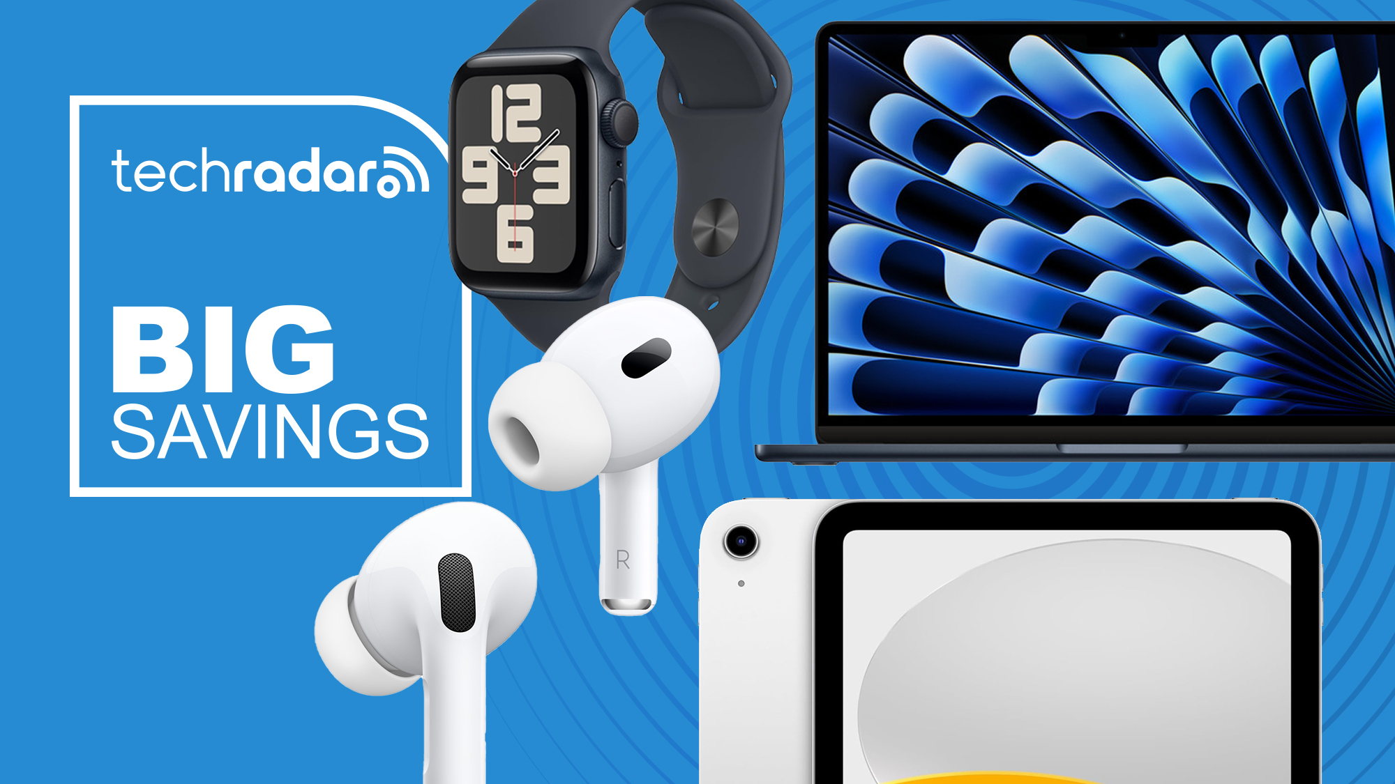 Apple products with a sign saying 'Big savings'
