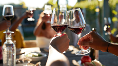 Friends toasting glasses with red wine 