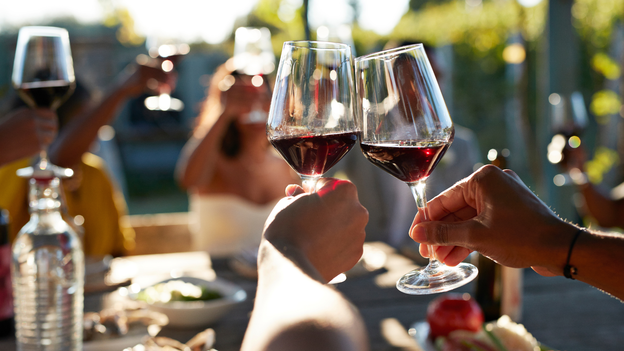 Friends toasting glasses with red wine 