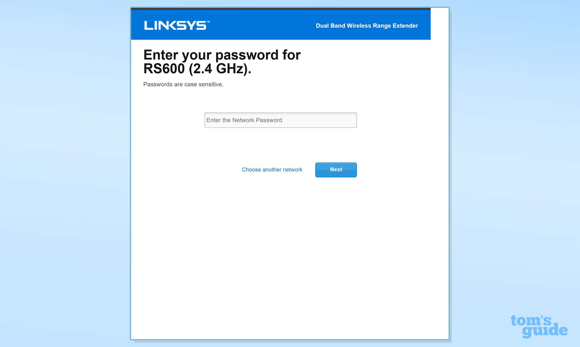 A setup menu screenshot of the enter password dialogue for the Linksys RE7350.