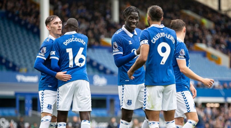 Everton vs Fulham live stream Dominic Calvert-Lewin of Everton celebrates scoring their side&#039;s first goal from the penalty spot with team-mate Amadou Onana during the pre-season friendly match between Everton and Sporting Lisbon at Goodison Park on August 5, 2023 in Liverpool, England. (Photo by Jess Hornby/Getty Images)