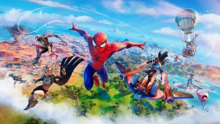 Best free PS5 games: Spider-Man and other characters fly over a colourful landscape