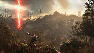 Lords of the Fallen hands-on; a figure looks out over a vast fantasy landscape