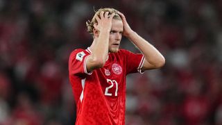 Morten Hjulmand of Denmark gestures during the UEFA World Cup qualification match