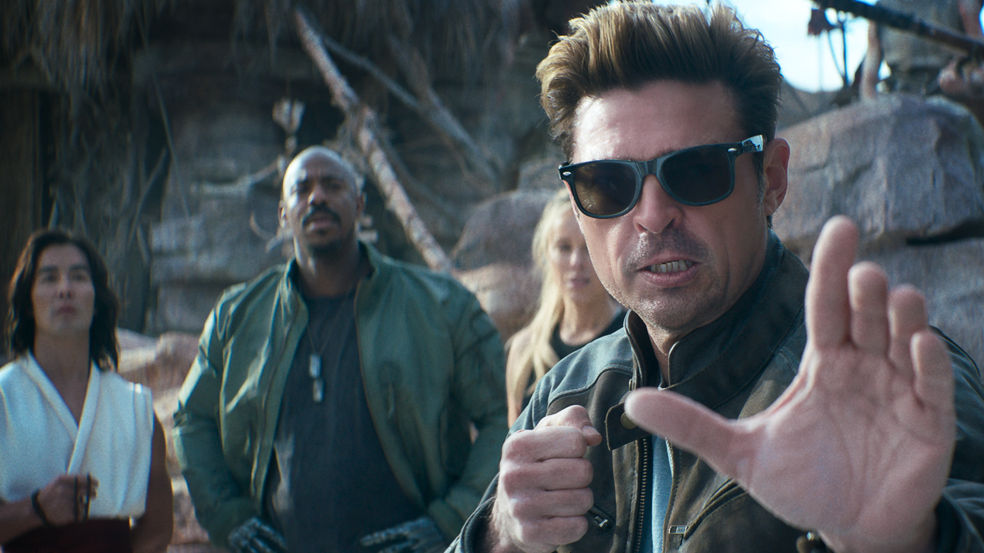 Ludi Lin as Liu Kang, Mehcad Brooks as Jackson &lsquo;Jax&rsquo; Briggs, Jessica McNamee as Sonya Blade, and Karl Urban as Johnny Cage in New Line Cinema&rsquo;s &ldquo;Mortal Kombat 2.