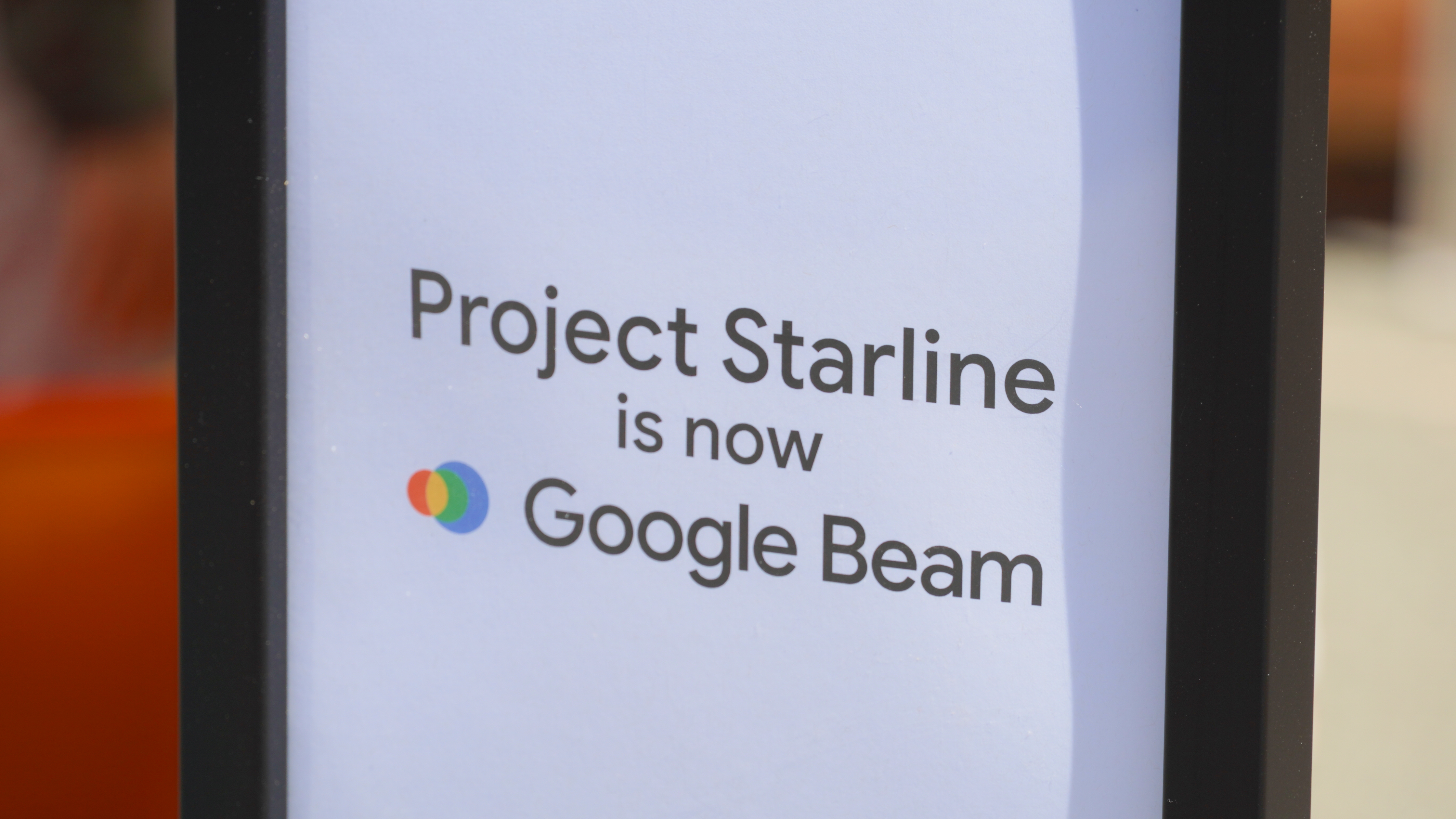 The sign showing the Google Beam name change, which used to be called Project Starline.