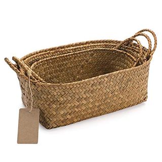 Seagrass Storage Basket with Handle Stackable Natural Woven Organization Shelf Baskets Oval Set of 3 (Large+Medium+Small)