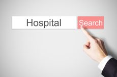 businessmans hand pressing internet browser search button hospital