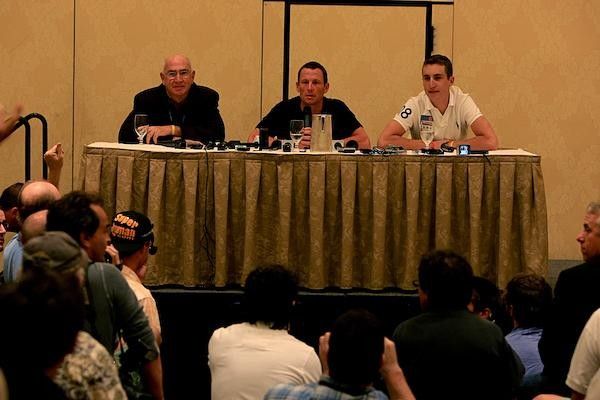Lance Armstrong held his press conference in las Vegas today flanked by track star Taylor Phinney and Dr. Don Catlin.