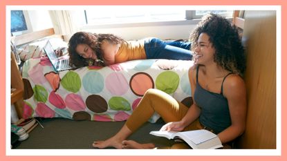 Mixed race college students relaxing in dorm, dorm room ideas