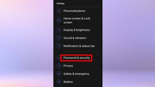 A screenshot of the settings app on an android phone. The "password and security" option is highlighted.