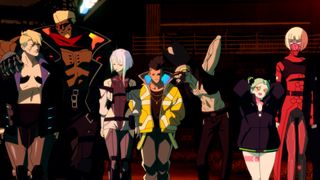 Die Hauptfiguren in Cyberpunk: Edgerunners laufen in einer Linie auf die Kamera zu