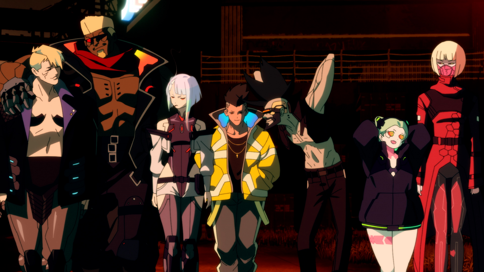 The main characters in Cyberpunk: Edgerunners walk in a line towards the camera