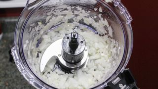 Hamilton Beach 12 Cup Stack and Snap Food Processor processing onions