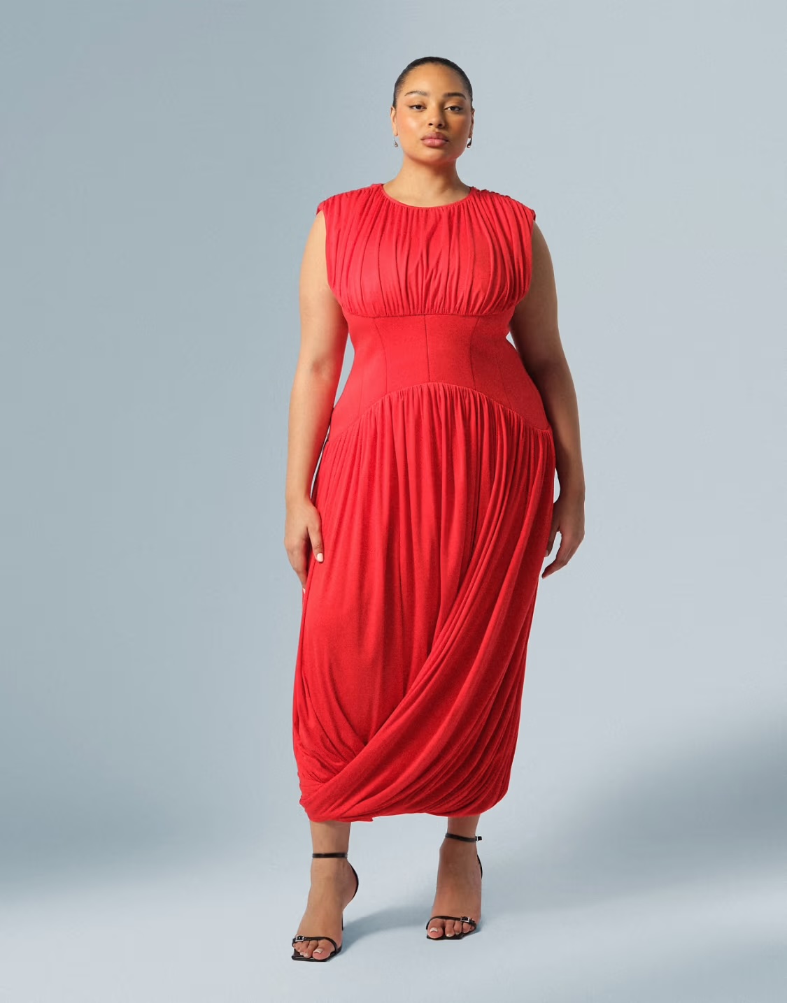 ARRANGE, Curve Gathered Drape Maxi Dress With Cinched Waist in Red