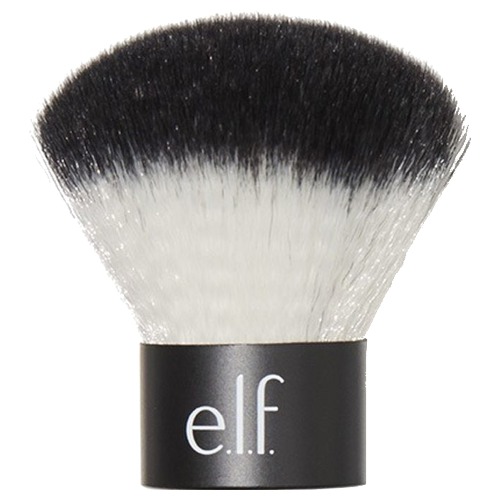 Black handled makeup brush that says e.l.f. in white with white and black bristles