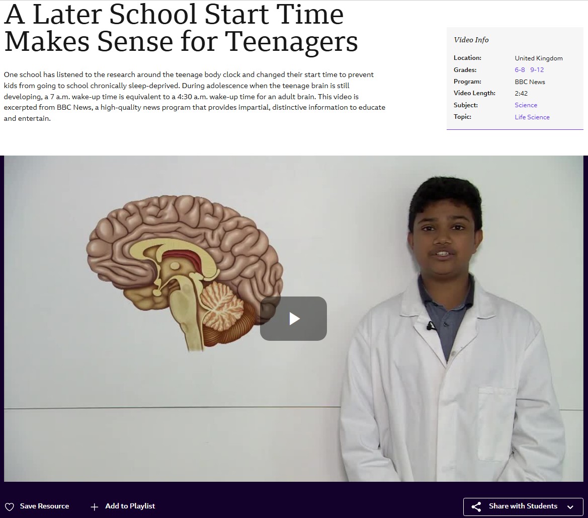 News clip: "A Later School Start Time Makes Sense for Teenagers"