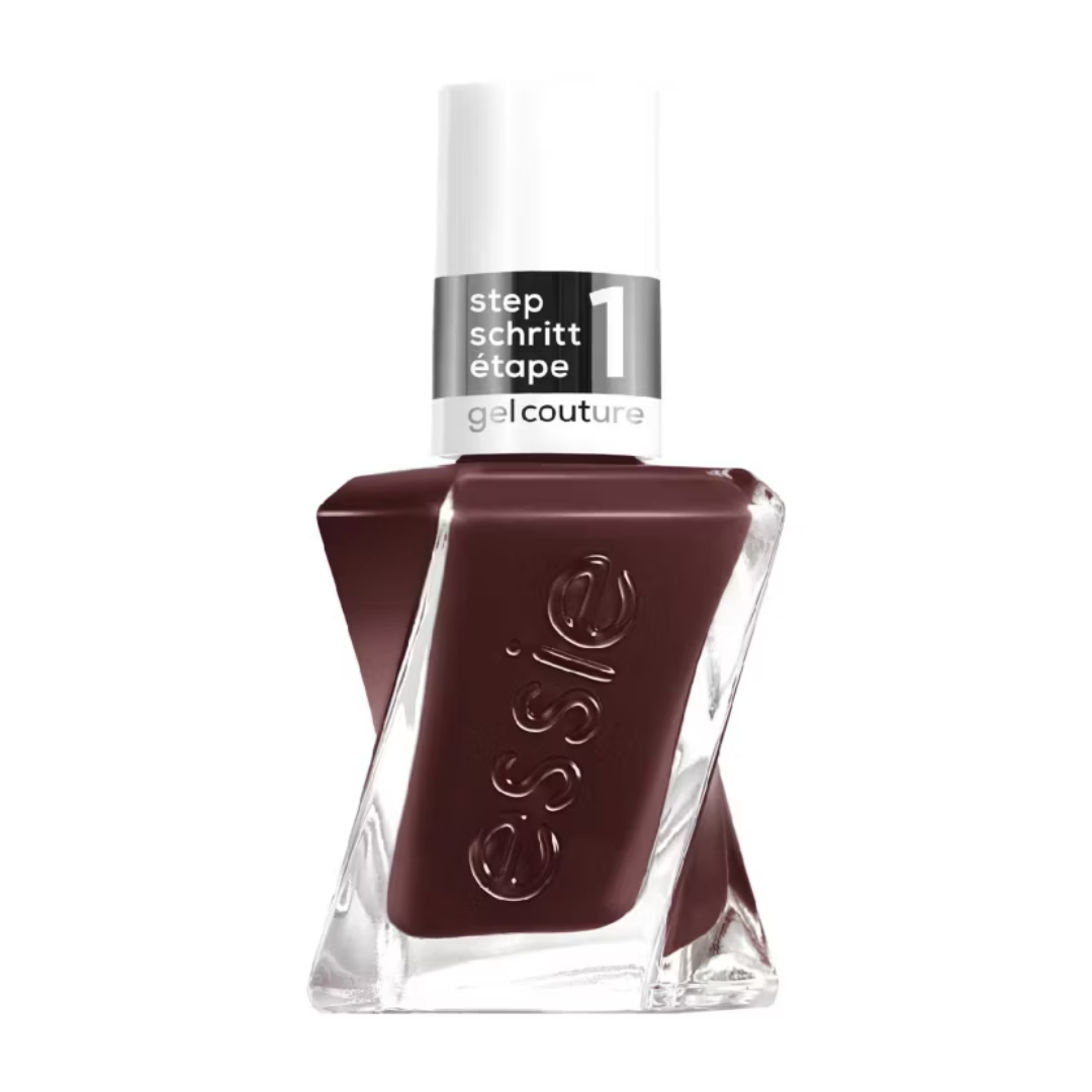 A product shot of the Essie gel couture nail polish in shade all checked out (a warm chocolate-brown), on a white background