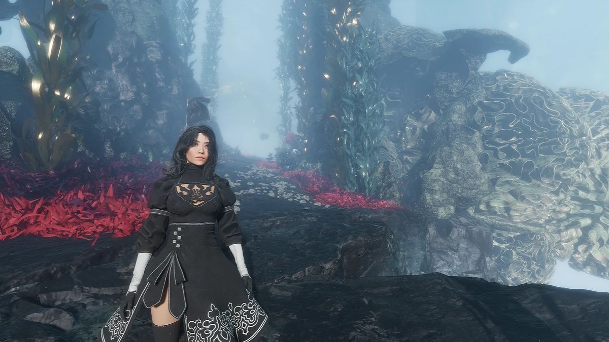 In-game screenshot of Lune from Clair Obscur: Expedition 33 modded with 2B's outfit from Nier: Automata