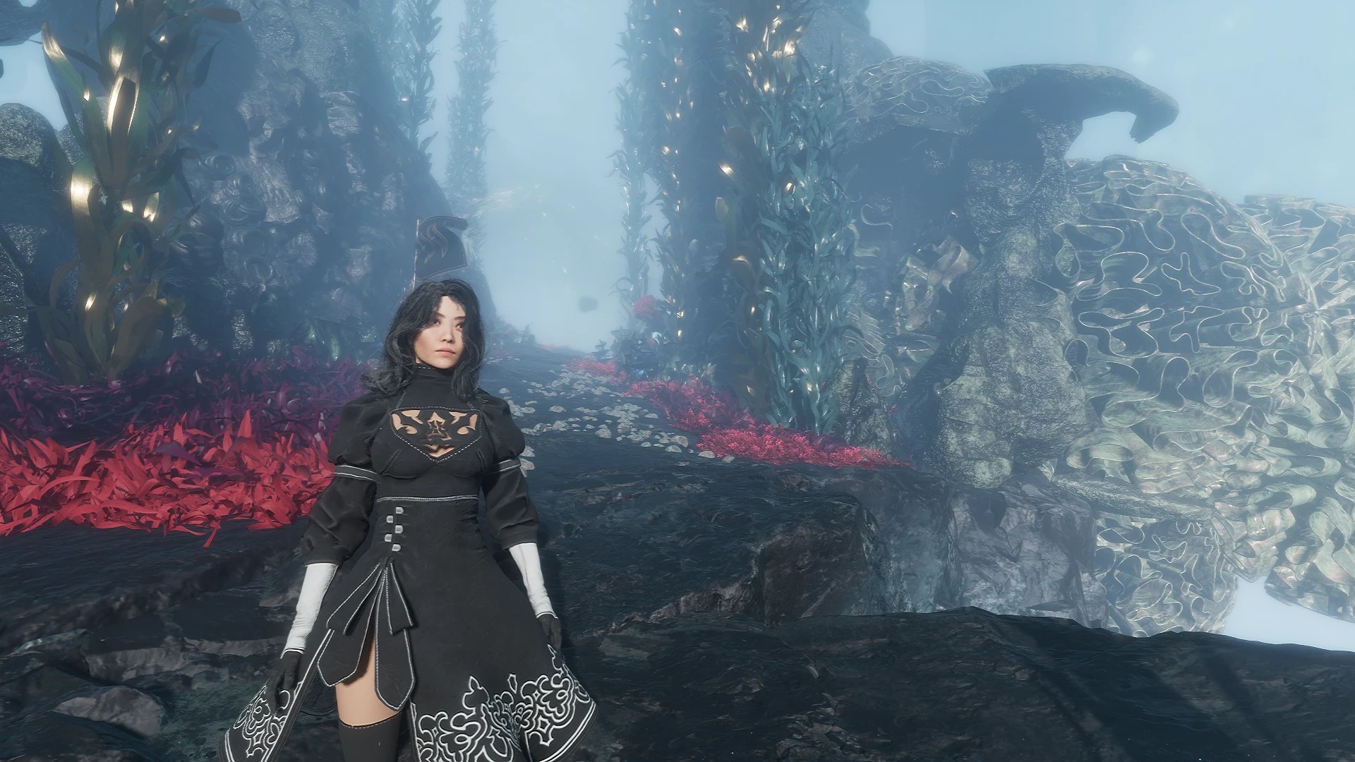 In-game screenshot of Lune from Clair Obscur: Expedition 33 modded with 2B's outfit from Nier: Automata