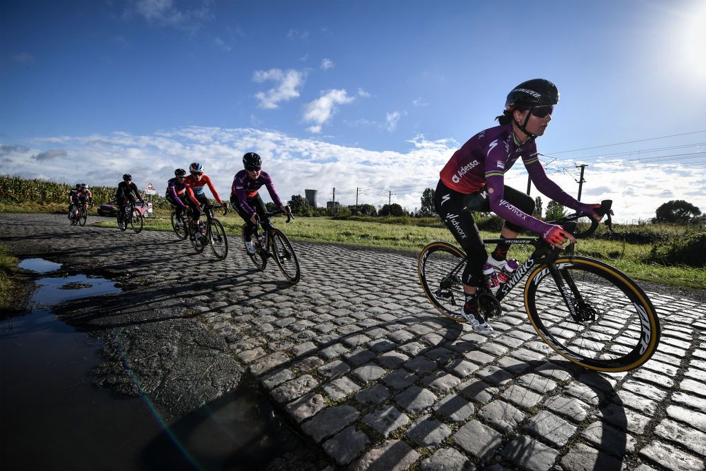 Dutch Chantal Blaak of Team SD Worx pictured in action during preparations ahead of the 118th edition of the ParisRoubaix one day cycling race from Compiegne near Paris to Roubaix Wednesday 29 September 2021 Due to the ongoing corona virus pandemic the 2020 edition was cancelled and the 2021 edition was postponed from spring to autumn For the first time there will be a womens race ParisRoubaix as well BELGA PHOTO DAVID STOCKMAN Photo by DAVID STOCKMANBELGA MAGAFP via Getty Images