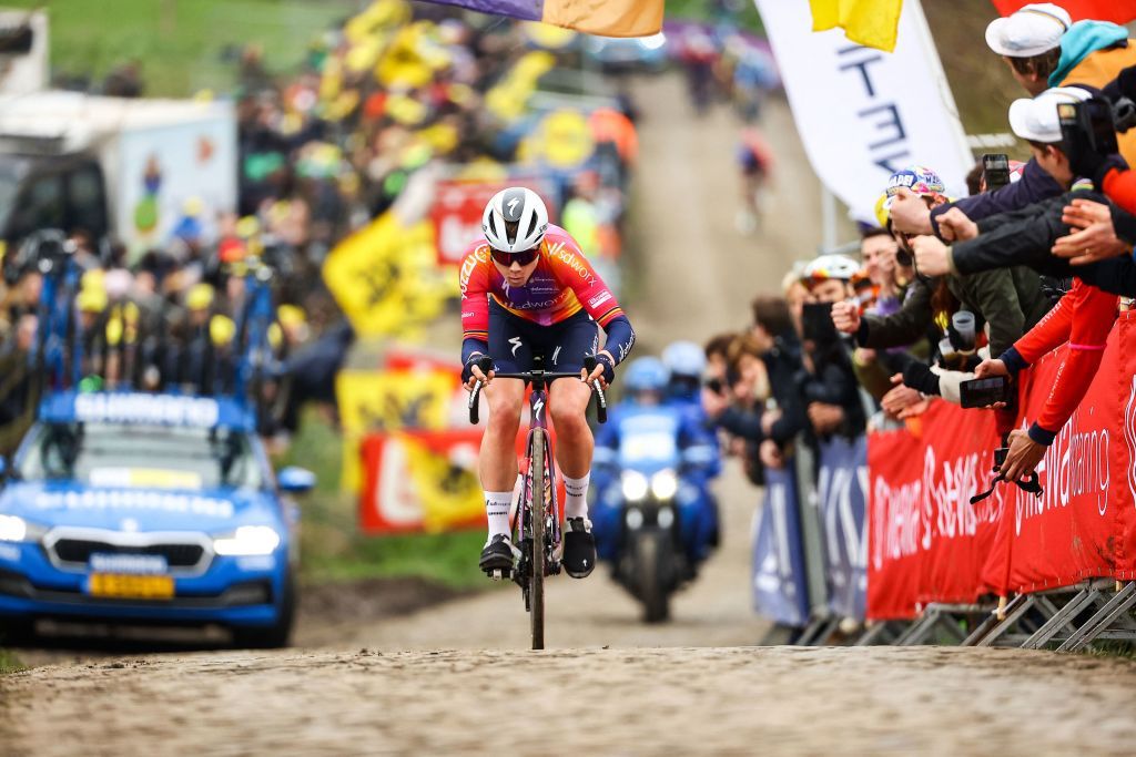 Belgian Lotte Kopecky of SD Worx pictured at the Paterberg during the women&#039;s race of the &#039;Ronde van Vlaanderen/ Tour des Flandres/ Tour of Flanders&#039; one day cycling event, 158km with start and finish in Oudenaarde, Sunday 02 April 2023. BELGA PHOTO DAVID PINTENS (Photo by DAVID PINTENS / BELGA MAG / Belga via AFP) (Photo by DAVID PINTENS/BELGA MAG/AFP via Getty Images)