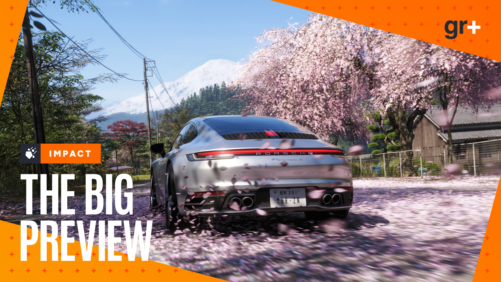 Forza Horizon 6 screenshot showing a Porsche driving through a cherry blossom covered street