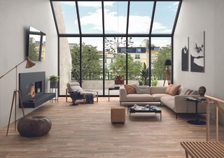 sunroom/living room with modern L-shaped sofa and armchair, neutral scheme black accents wooden style flooring
