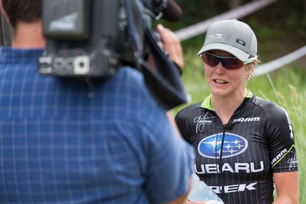 Heather Irmiger (Subaru-Trek) doing an interview with local tv after her victory