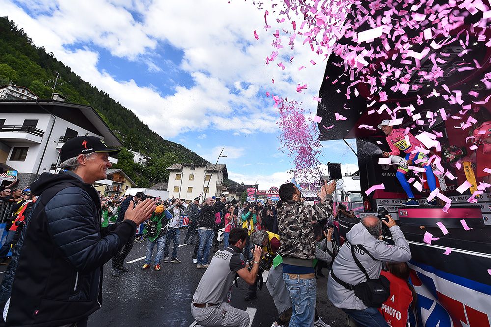 The podium for stage 16 of the Giro d'Italia