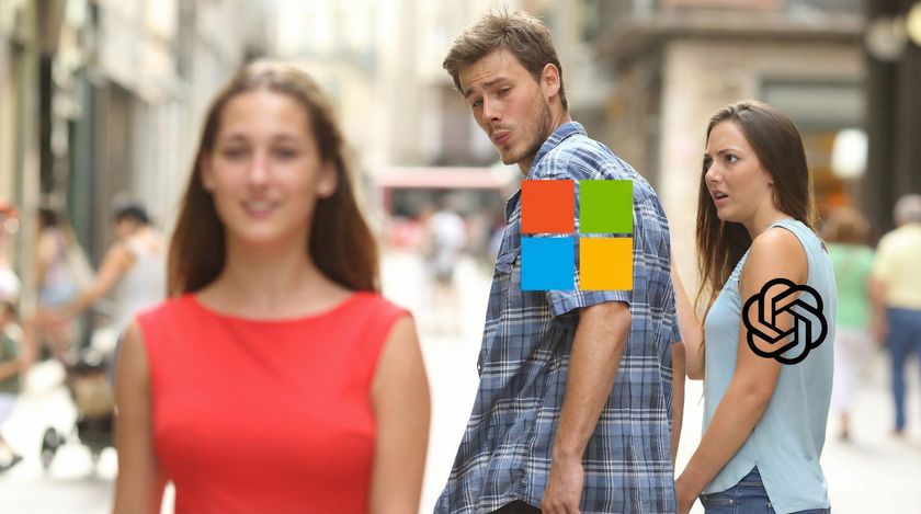 Distracted boyfriend meme featuring Microsoft and OpenAI