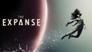 The Expanse key art. The image shows The Expanse logo with a woman flying through the air next to a planet as glass shatters beneath her.