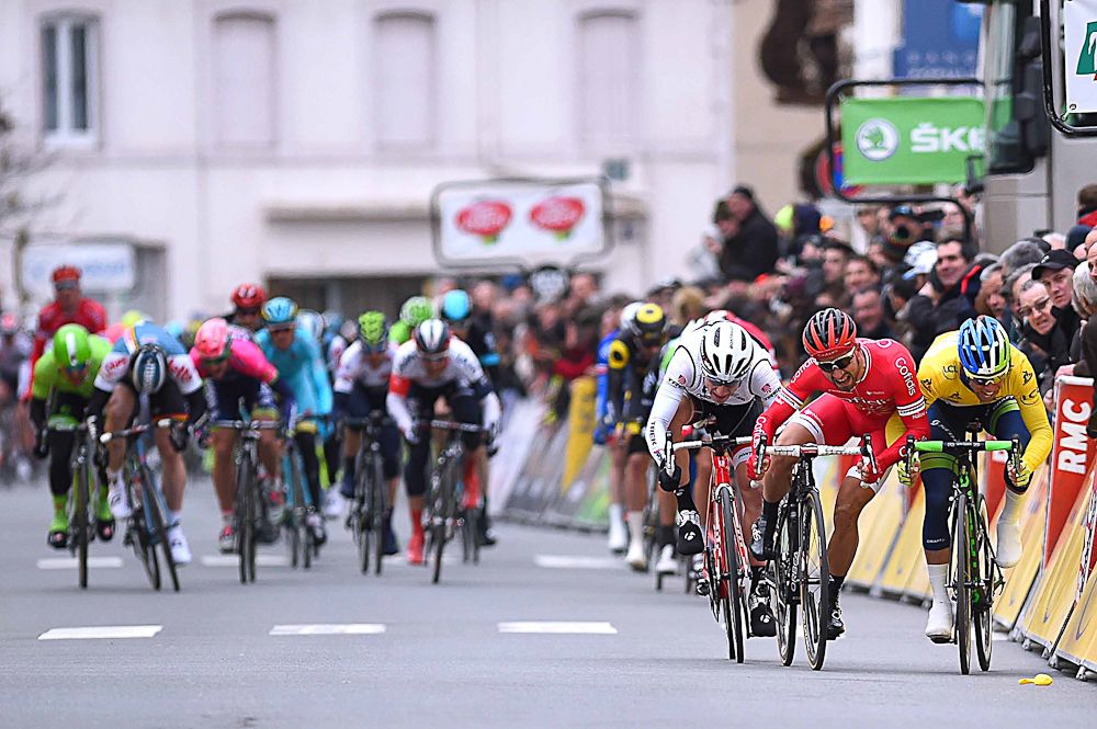 Nacer Bouhanni closes the door on Michael Matthews during the stage 2 sprint at Paris-Nice.