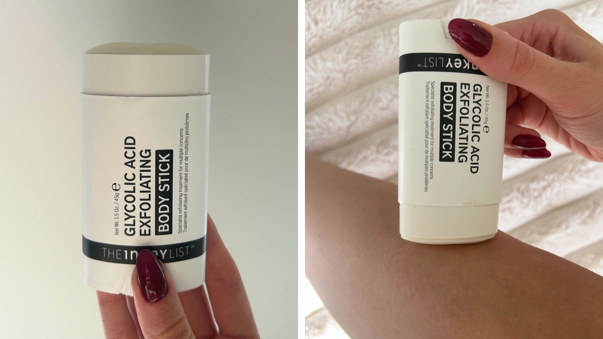 Collage of hand holding The INKEY List Glycolic Acid Exfoliating Body Stick on the left, and applying the body stick onto a leg on the right