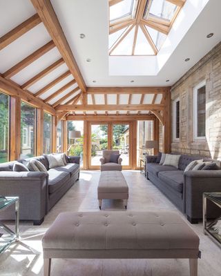 oak frame living room sunroom with long roof lantern
