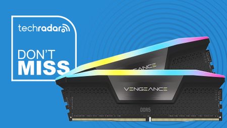 The Corsair Vengeance RGB DDR5 RAM 32GB kit on a blue background, with a white TechRadar badge in the upper left that reads 'Don't Miss'