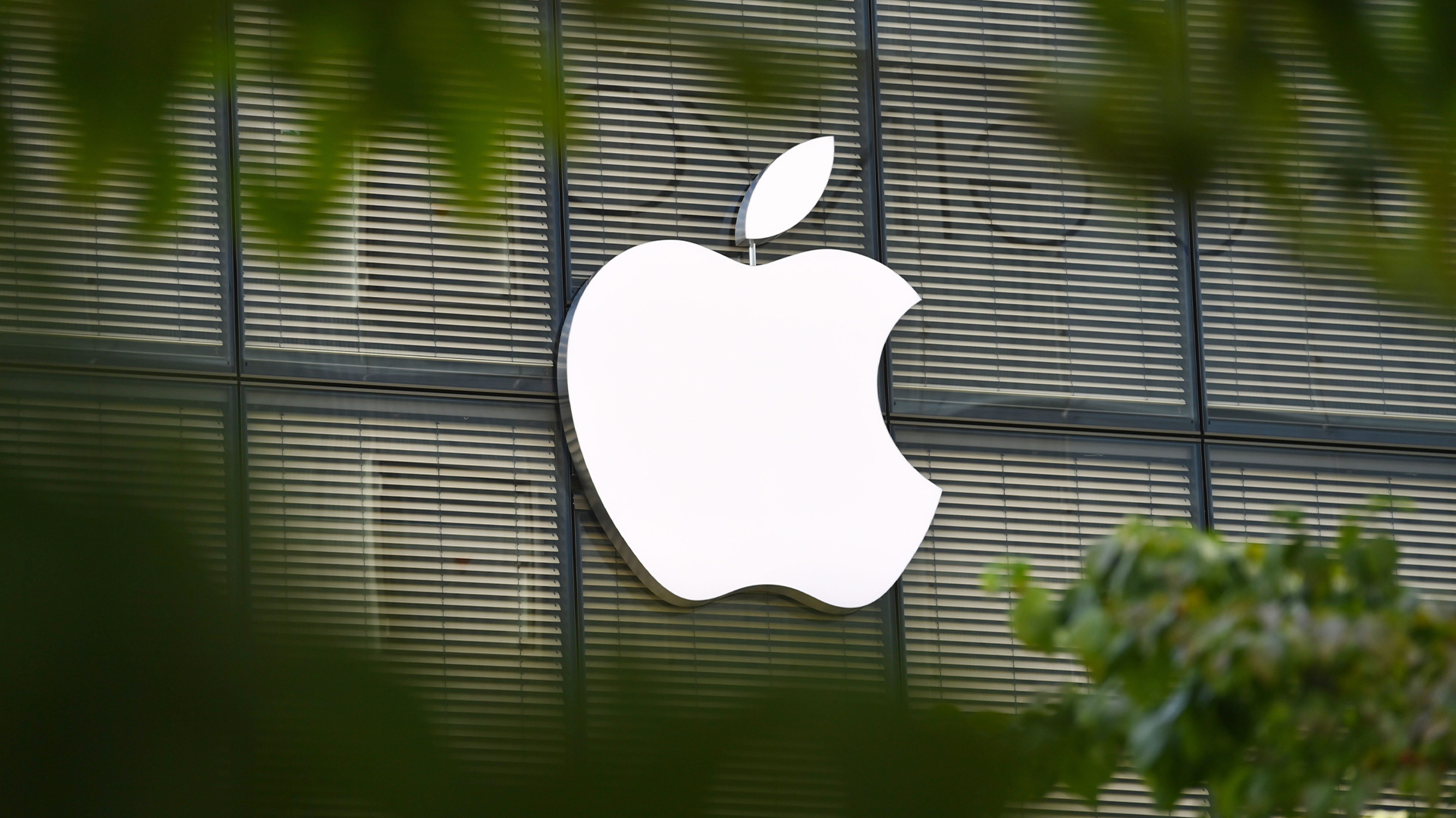 Apple logo pictured through a gap in foliage on the company's regional headquarters in Tokyo's Ginza district.