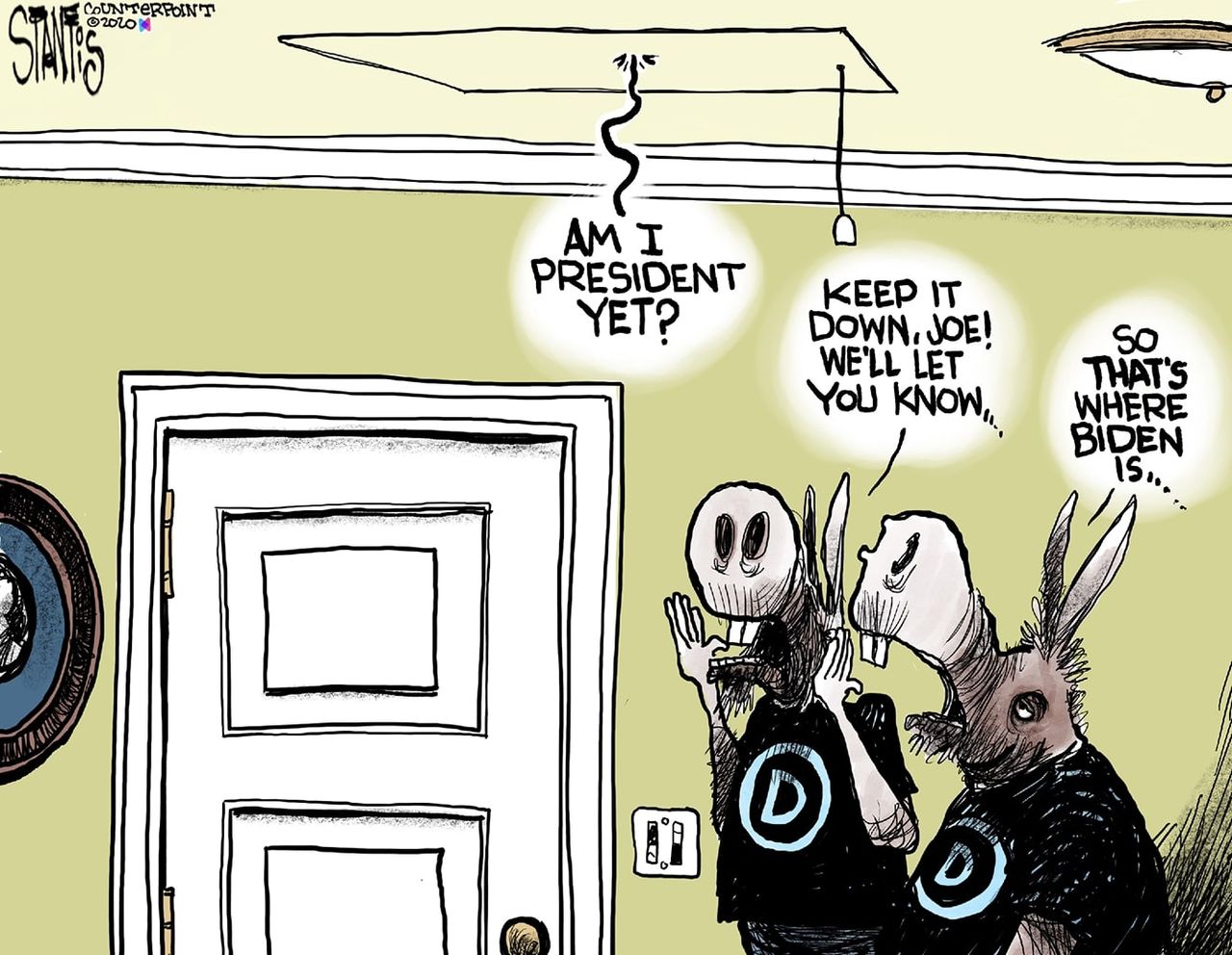 Political Cartoon U.S. Joe Biden DNC Democrats primary hiding quiet