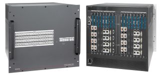 The XTP II CrossPoint 3200 matrix switcher is populated with a mix of XTP input and output boards that support local signal distribution and AV, control, and power extension to remote endpoints within the room.