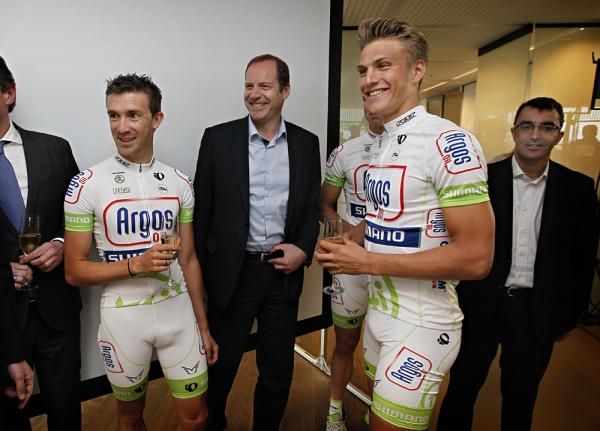 Thierry Hupond, Christian Prudhomme and Marcel Kittel at the Argos Shimano roll-out