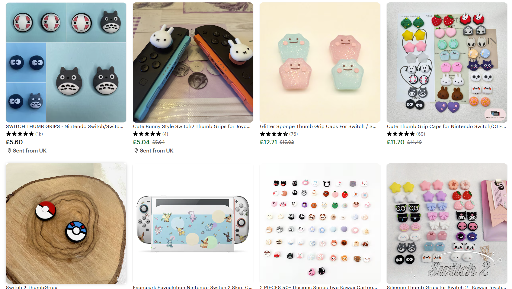 A screenshot from Etsy showing a range of customised thumb grips for the Nintendo Switch