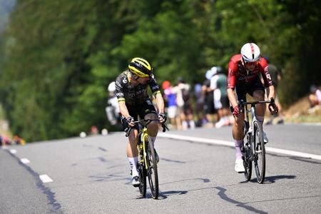 Dutch Huub Artz of Lotto Intermarche and Belgian Victor Campenaerts of Team Visma-Lease a Bike pictured in action during stage 6 of the 2026 Tour de France cycling race, a stage of 186 km from Pau to Gavarnie-Gedre, on Thursday 09 July 2026. The 113th edition of the Tour de France starts on Saturday 4 July in Barcelona, Spain, and will finish in Paris, France on the 26th of July. BELGA PHOTO POOL TOMAS SISK (Photo by POOL TOMAS SISK / BELGA MAG / Belga via AFP)