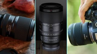 From left to right, the Tamron 25-200mm f/2.8-5,6 Di III VXD G2, the Sony FE 100mm f/2.8 Macro GM, and the Canon RF 45mm f/1.2 STM