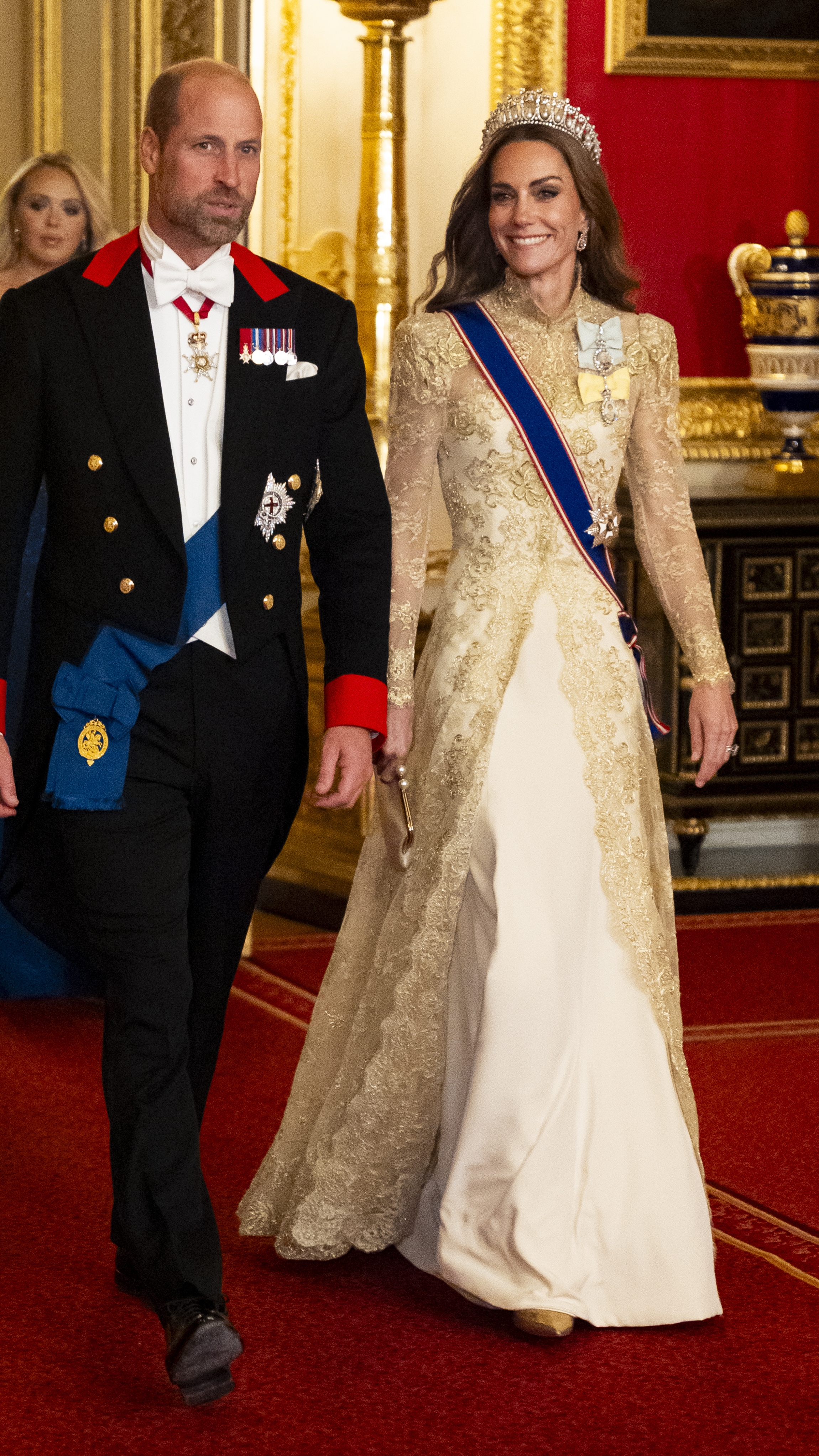 Catherine, Princess of Wales and Prince William, Prince of Wales arrive for the State Banquet hosted by King Charles III on September 17, 2025